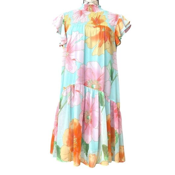 Maison Tara Floral Chiffon Flutter Sleeve Smocked Mock Neck Mini Dress in 12 - Picture 1 of 10